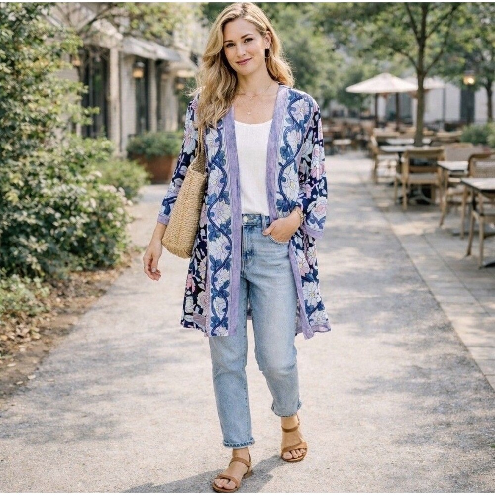Soft Surroundings Blue Floral Mara Kimono Robe Coverup Women’s Sz S Lagenlook